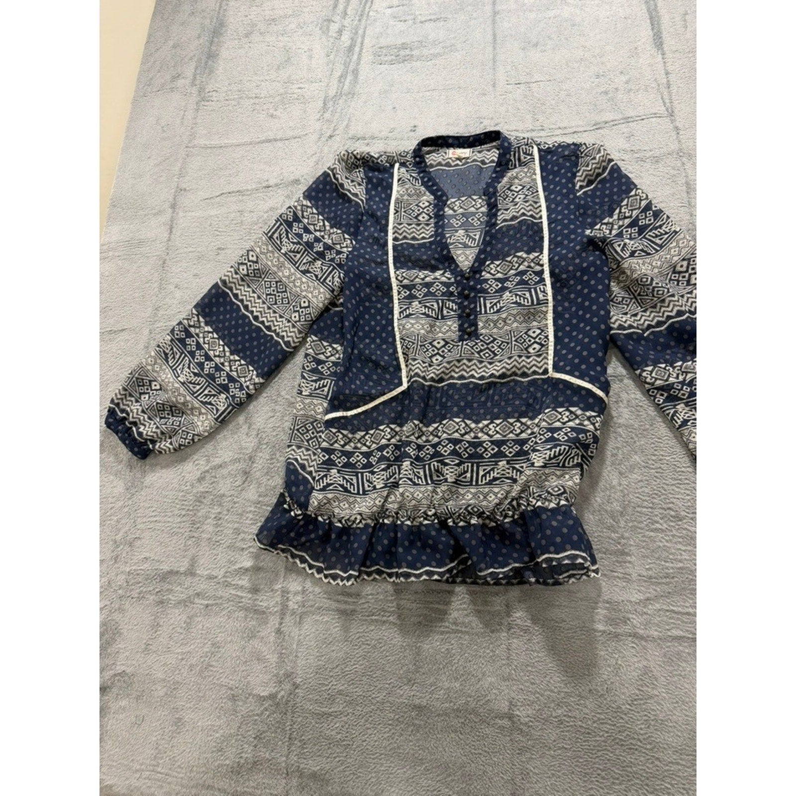 Olsenboye Boho Peplum Blouse Womens Large Blue Tribal Print Sheer Ruffle Top
