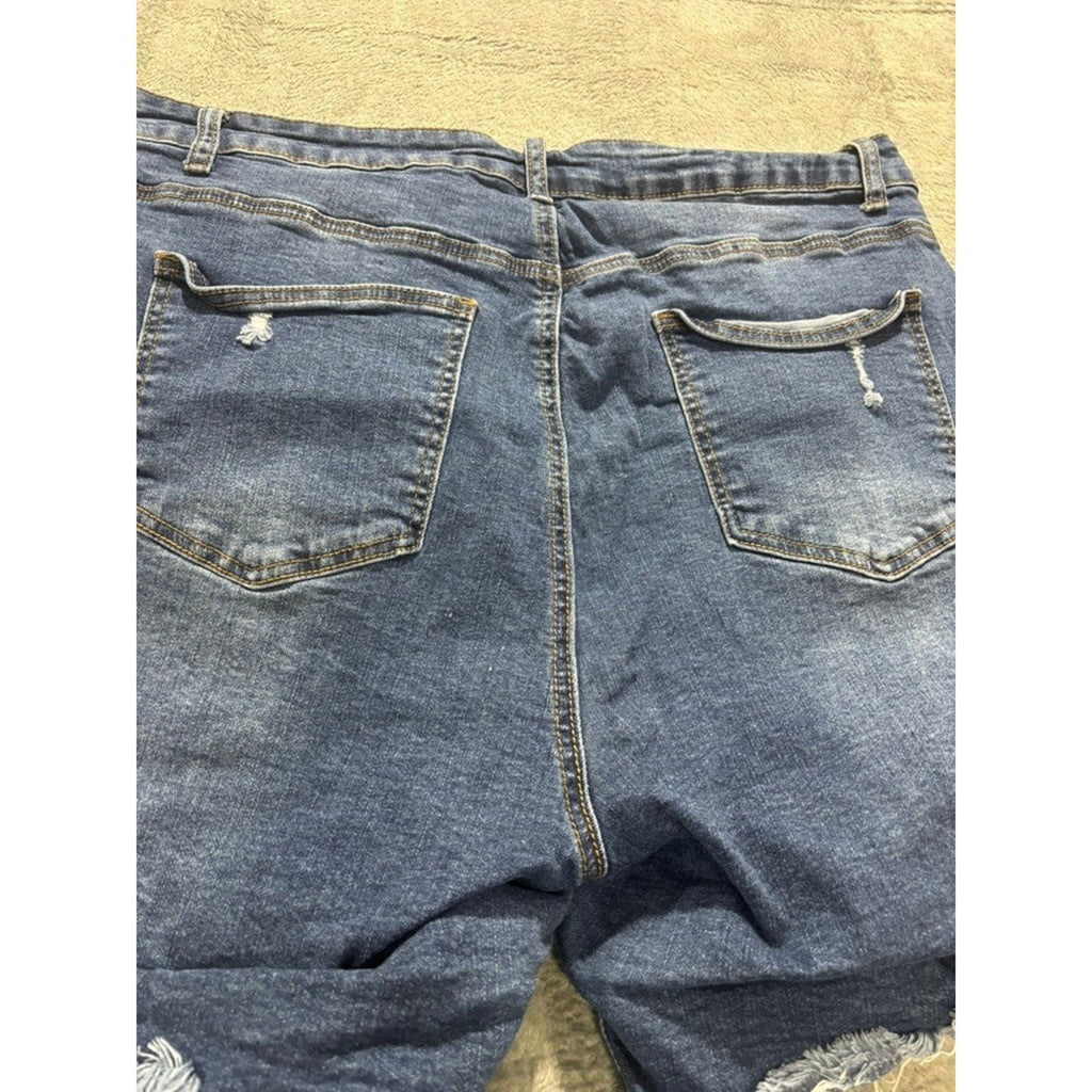 American Bazi Plus 2X Distressed Raw Hem Denim Shorts Blue High Rise Stretch