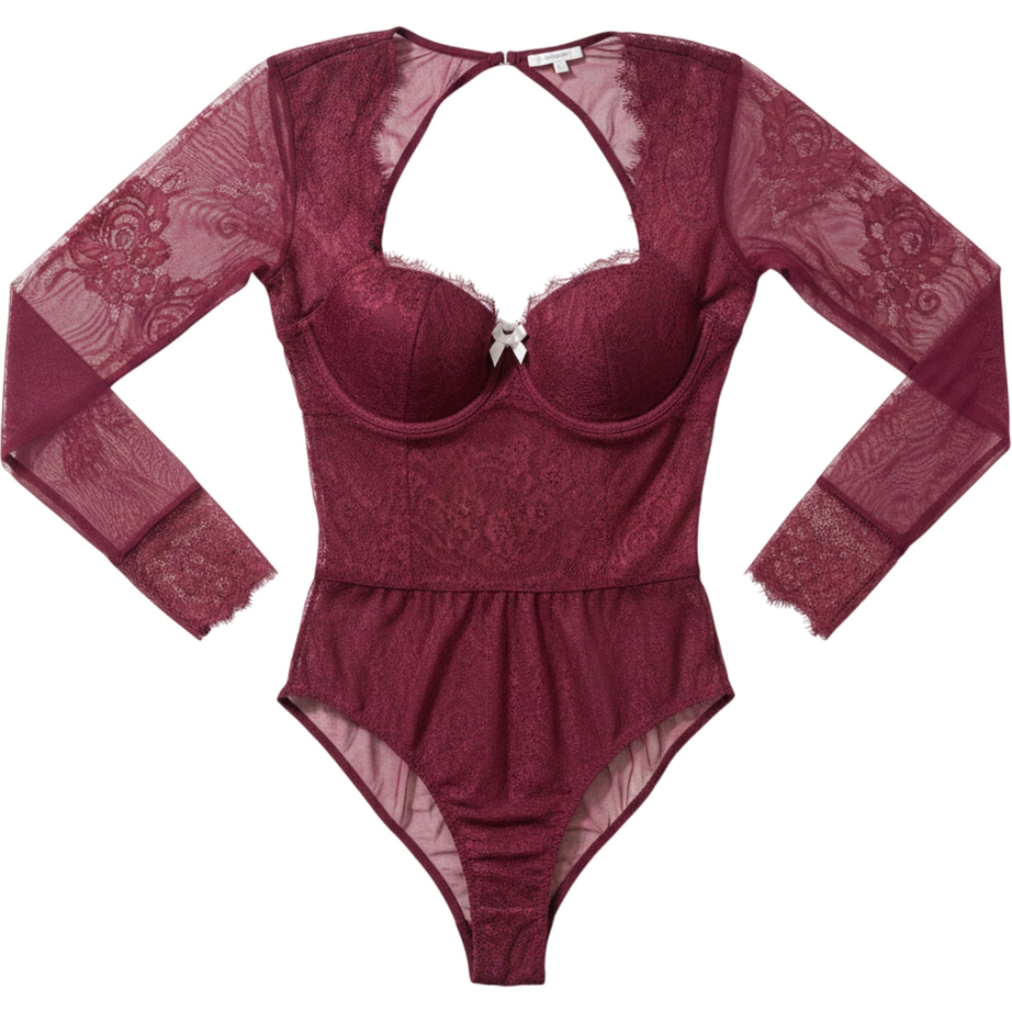 Victoria's Secret 32C Burgundy Lace Bodysuit Sheer Mesh Lingerie Dark Feminine
