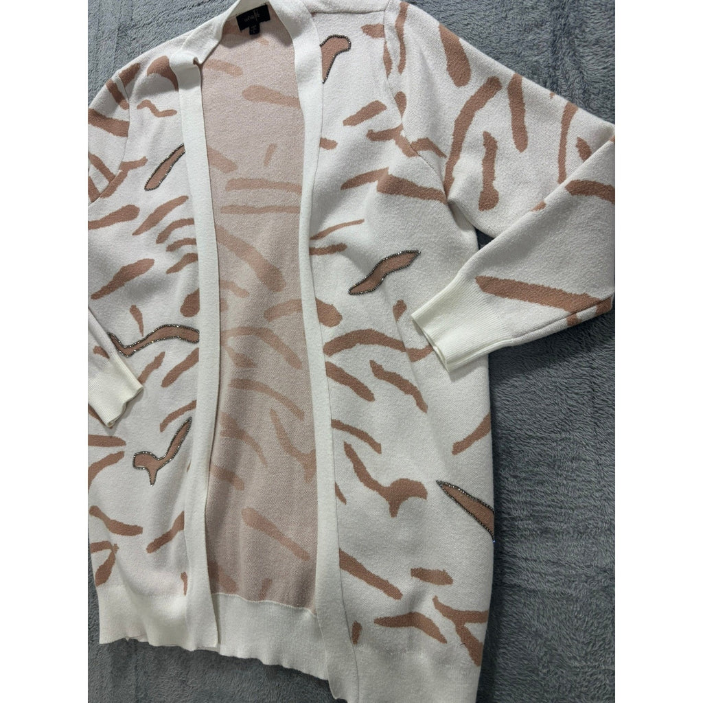 Ontwelfth Cardigan Womens Small Open Front Animal Print Cream Beige Knit