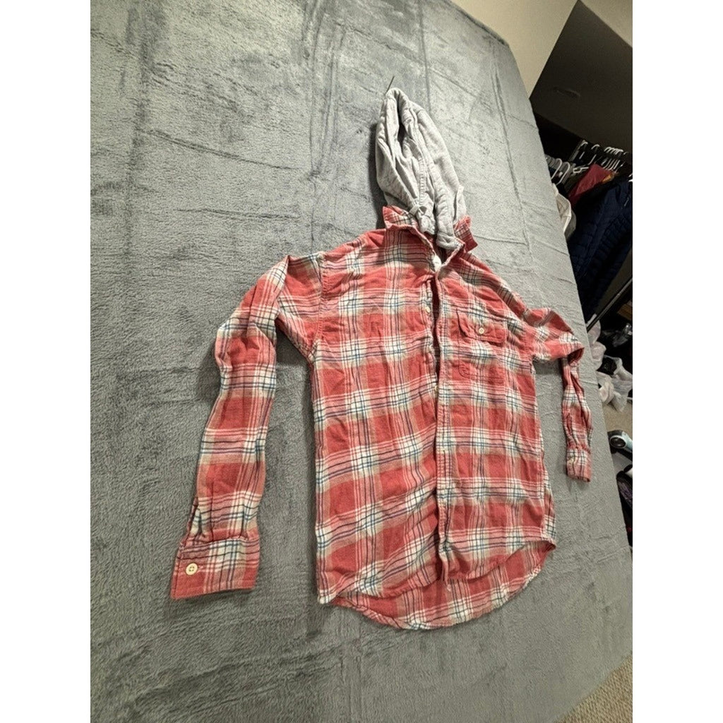 American Eagle Womens M Red Plaid Hooded Flannel Shirt Casual Vintage Cozy