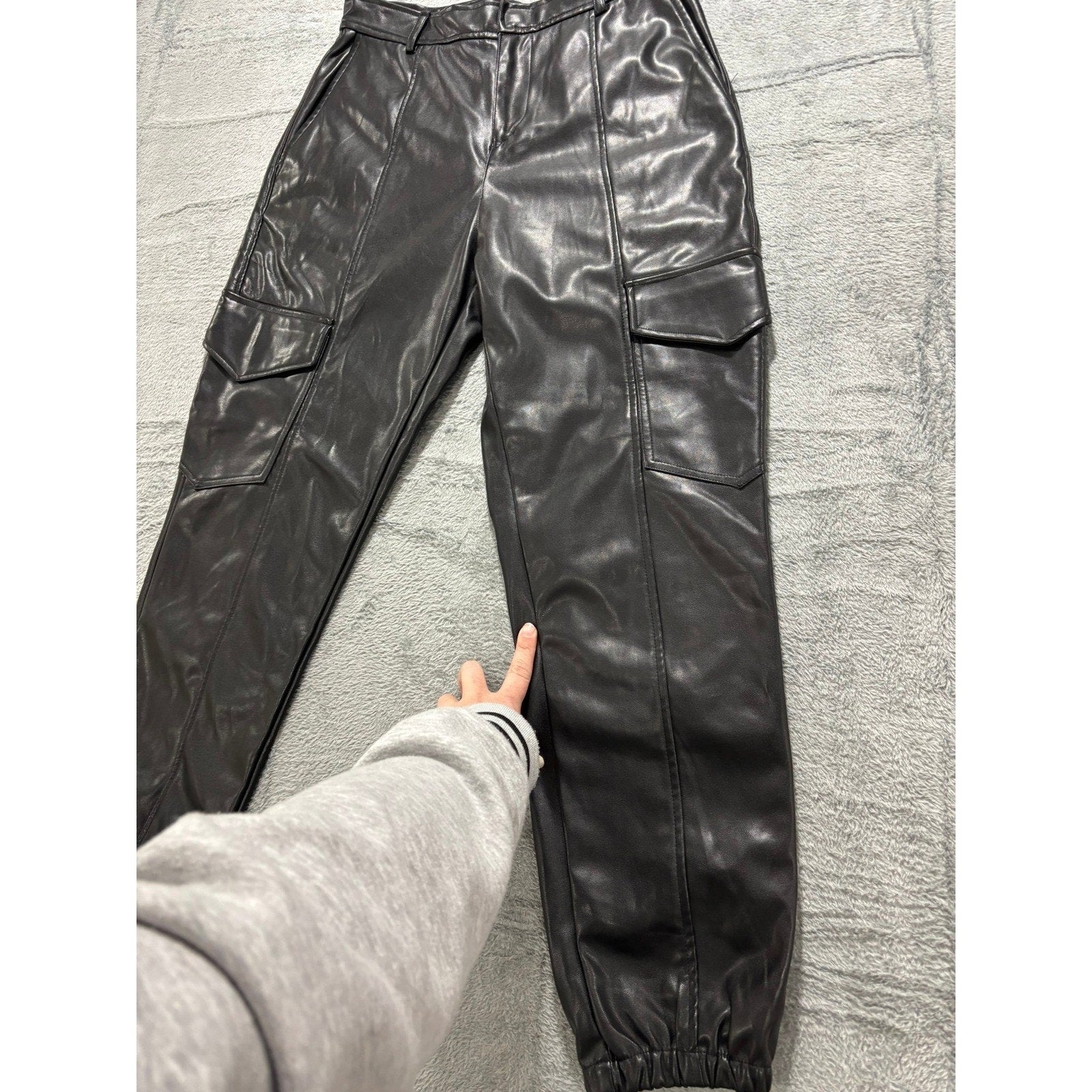 Shinestar Faux Leather Cargo Pants Womens Small Black Jogger High Rise