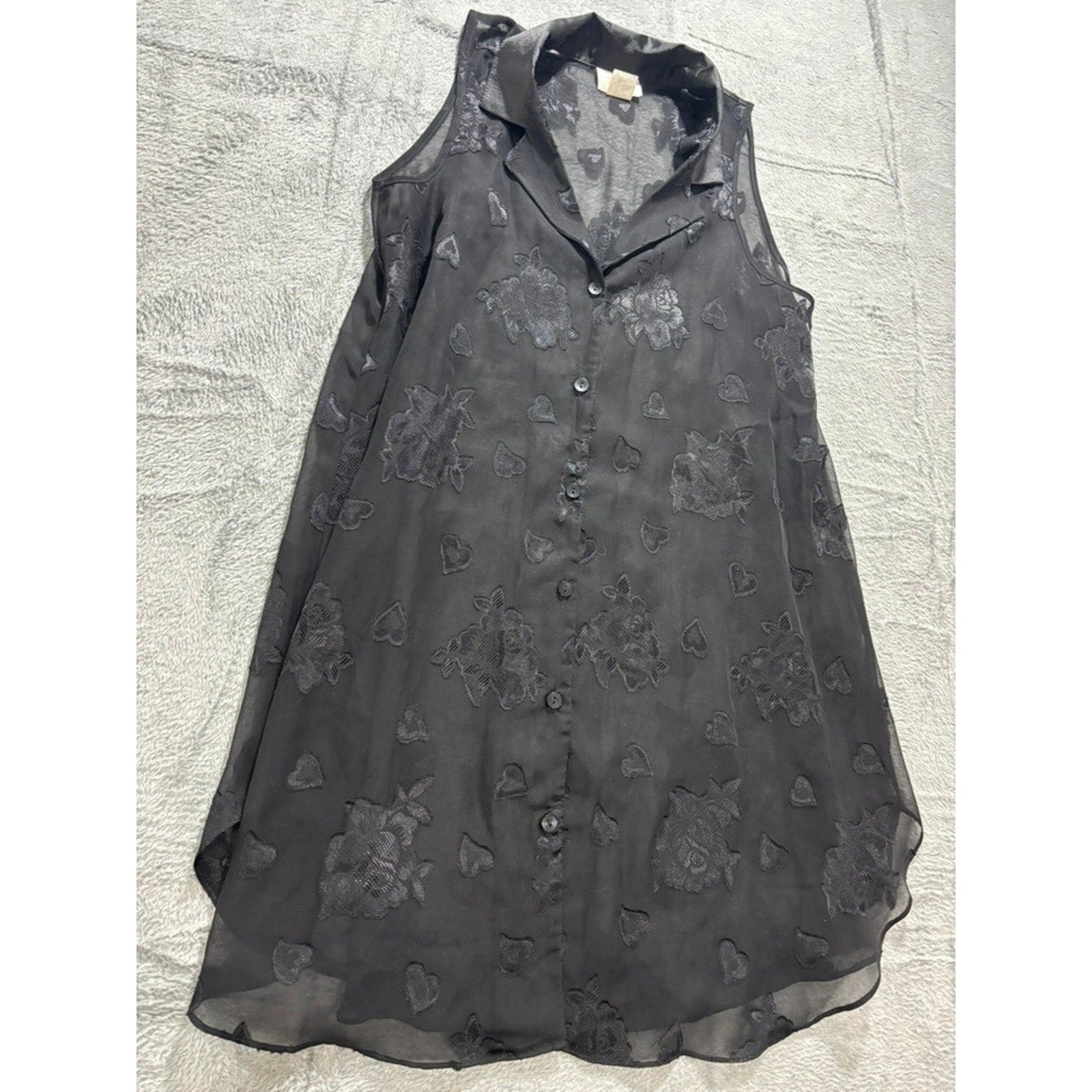 L.A. Intimates Blouse Womens Medium Black Sheer Floral Heart Button Up