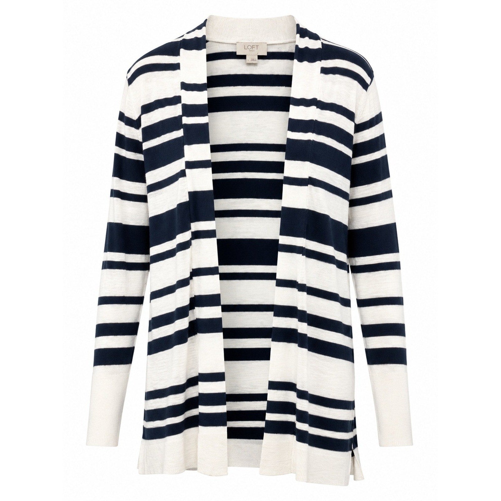 Loft Outlet Striped Cardigan Women L Navy White Open Front Coastal Preppy Career