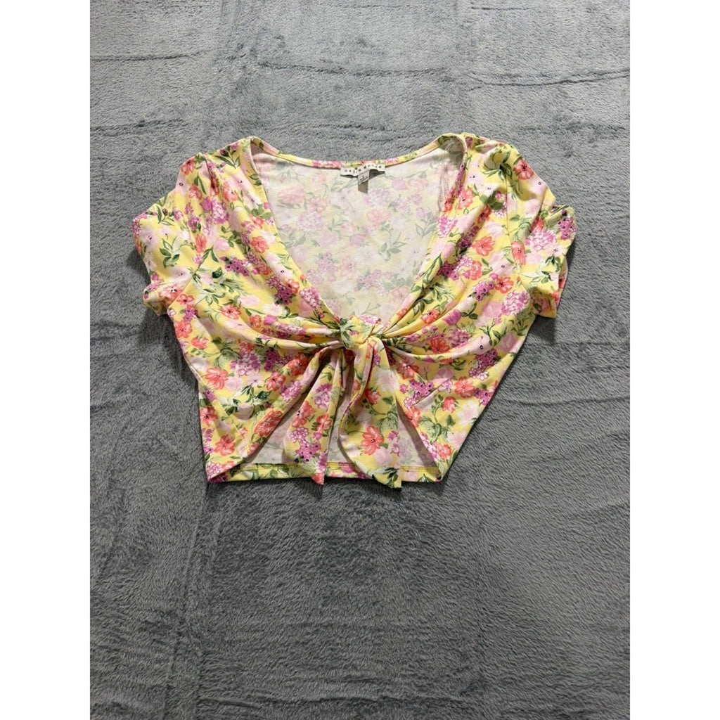 Haute Monde Womens Yellow Floral Tie Front Crop Top V-Neck Short Sleeve Large