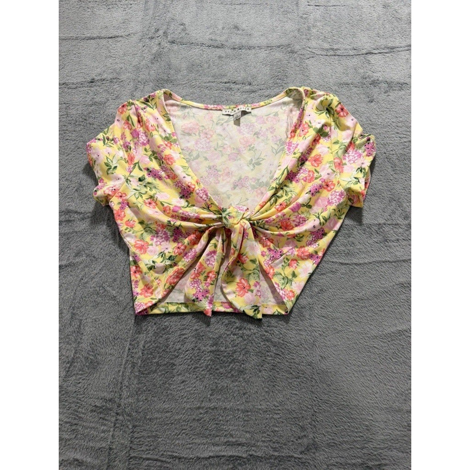 Haute Monde Womens Yellow Floral Tie Front Crop Top V-Neck Short Sleeve Large
