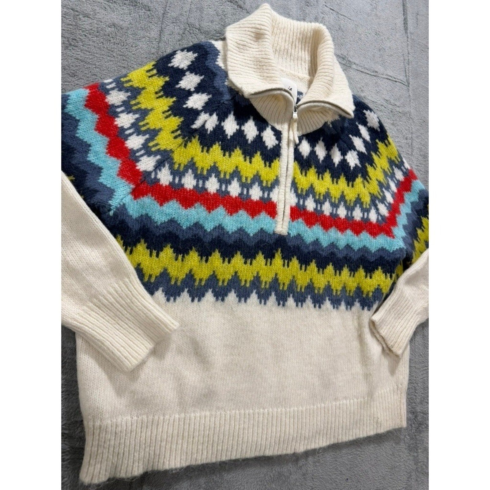 Aerie Fair Isle Sweater Womens L Oversized Nordic Quarter Zip Chunky Cozy