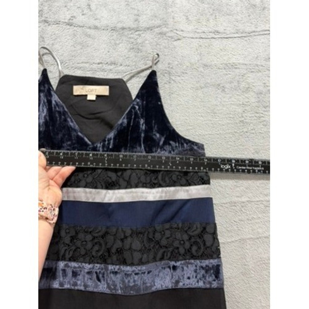 LOFT Womens Velvet Lace Striped Camisole Top Navy Black Silver XS V-Neck Strap