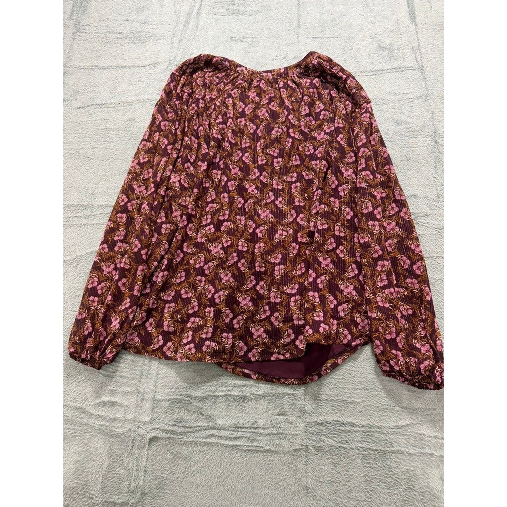 LOFT Womens XL Plum Floral Metallic Stripe Split Neck Balloon Sleeve Blouse