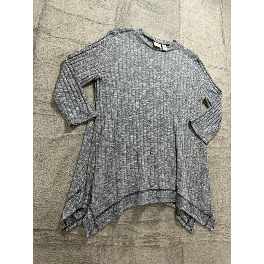 Chicos Top Womens 2 Blue Marled Knit Tunic Asymmetrical Hem Button Side