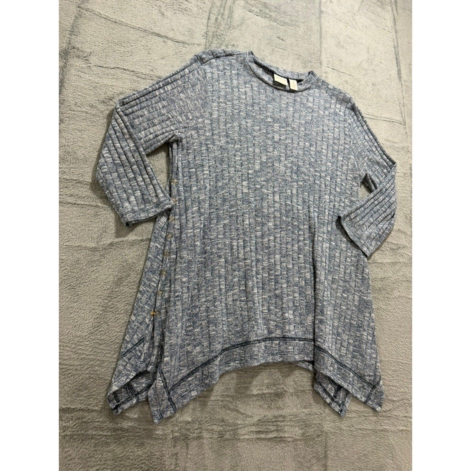 Chicos Top Womens 2 Blue Marled Knit Tunic Asymmetrical Hem Button Side