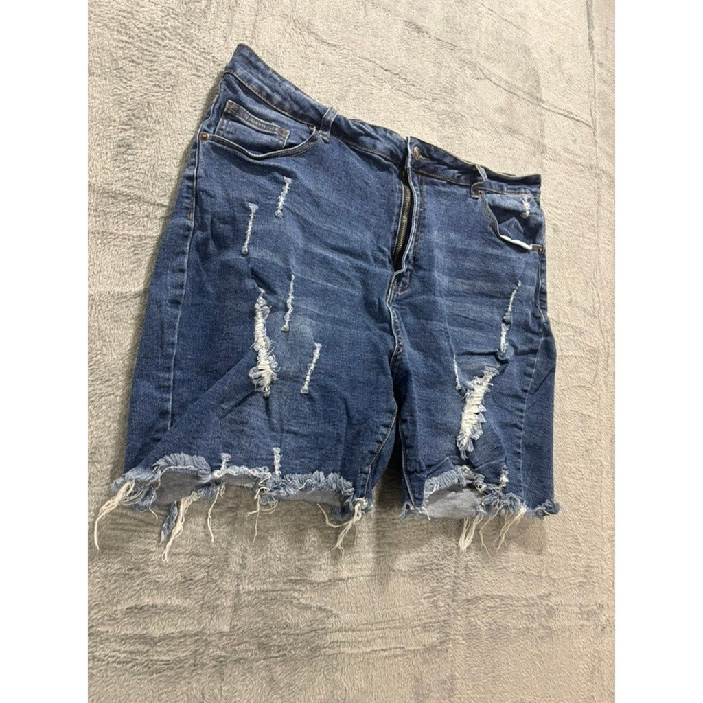 American Bazi Plus 2X Distressed Raw Hem Denim Shorts Blue High Rise Stretch