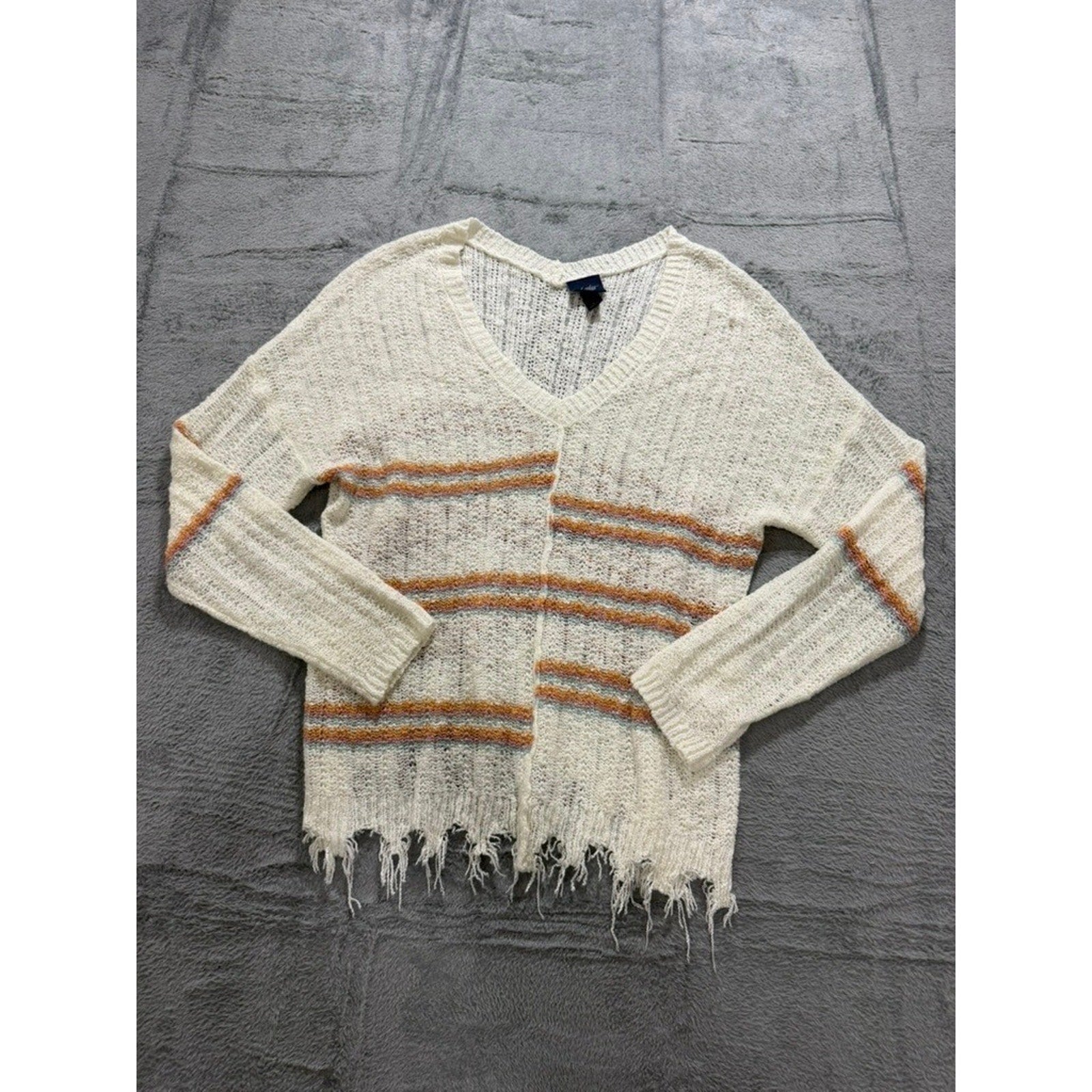 Daytrip Womens Striped V-Neck Open Knit Distressed Frayed Hem Sweater Cream L