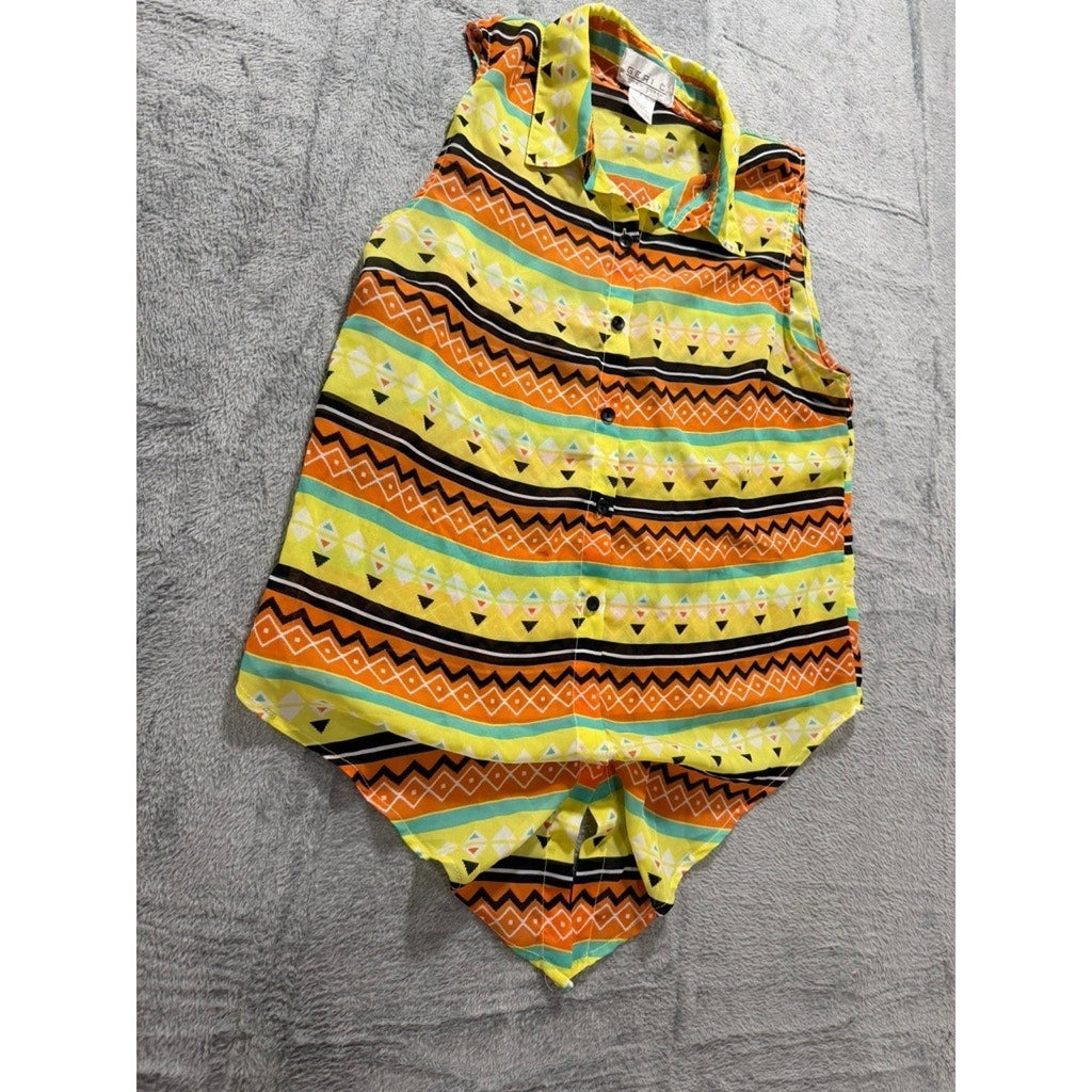 Geri C. New York Womens Sleeveless Geometric Tribal Stripe Button Down Top Large