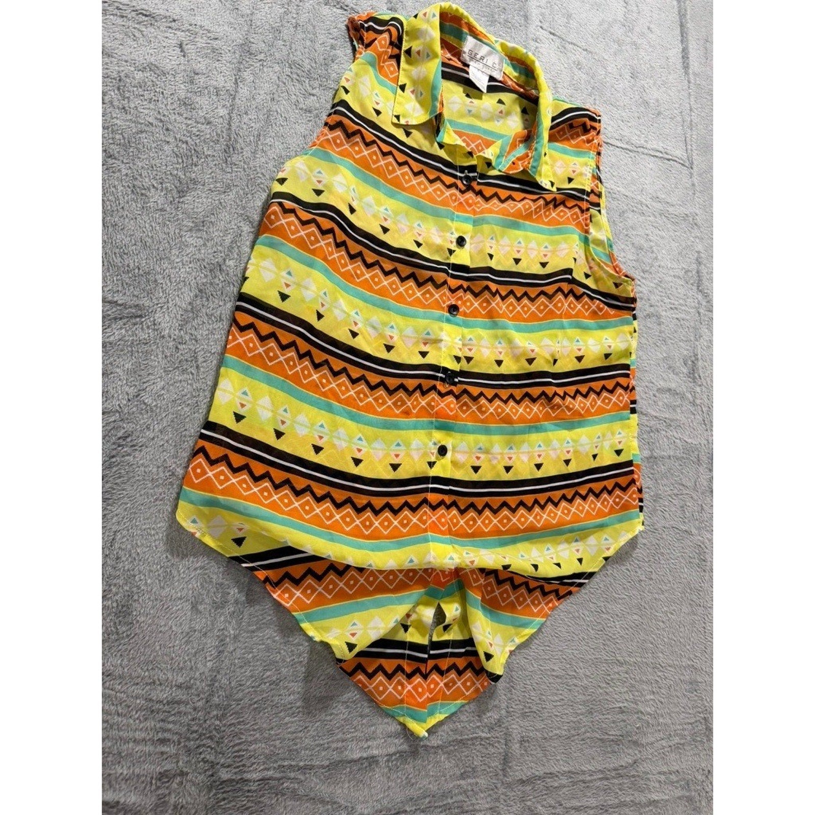 Geri C. New York Womens Sleeveless Geometric Tribal Stripe Button Down Top Large