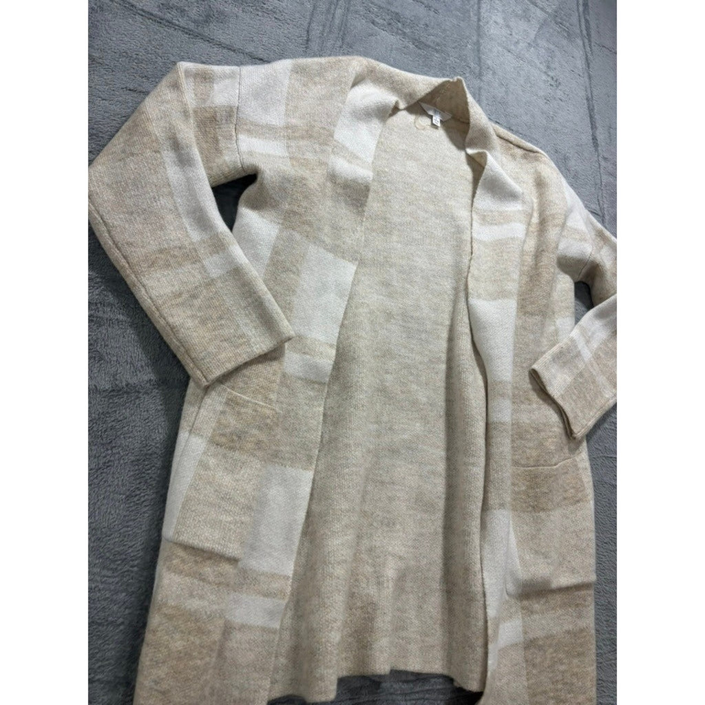 Time and Tru Womens Plaid Open Front Cardigan Sweater Oatmeal White L 12-14