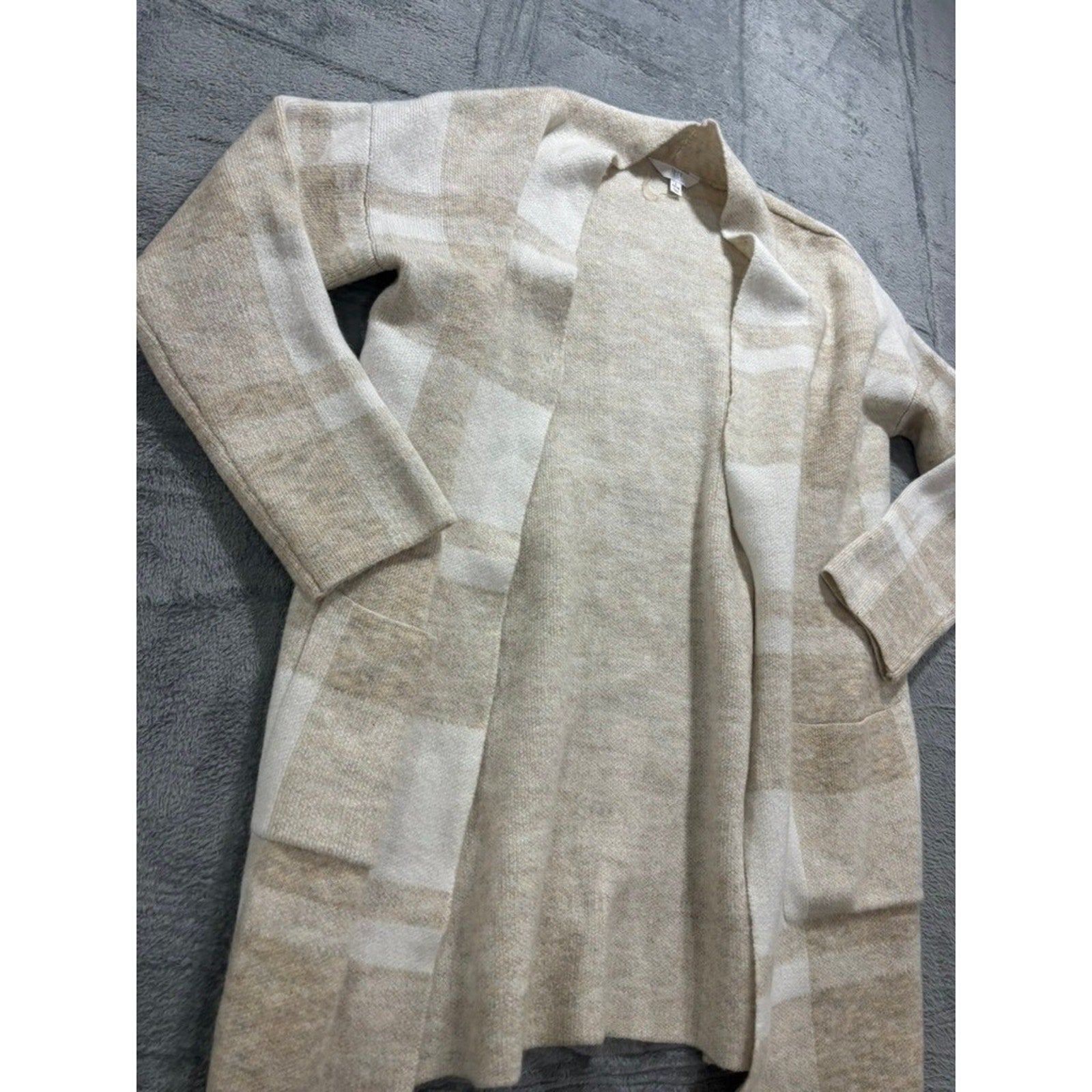 Time and Tru Womens Plaid Open Front Cardigan Sweater Oatmeal White L 12-14