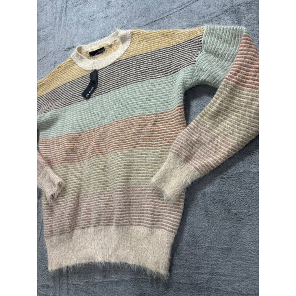 On Blue Womens Striped Eyelash Knit Sweater Multicolor Crew Neck Large Cozy