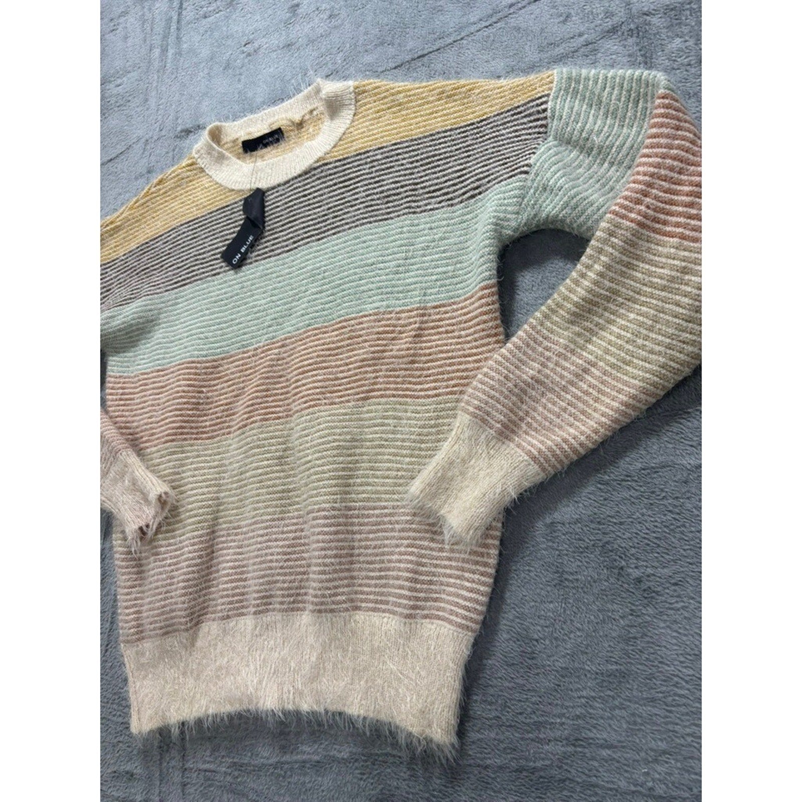 On Blue Womens Striped Eyelash Knit Sweater Multicolor Crew Neck Large Cozy