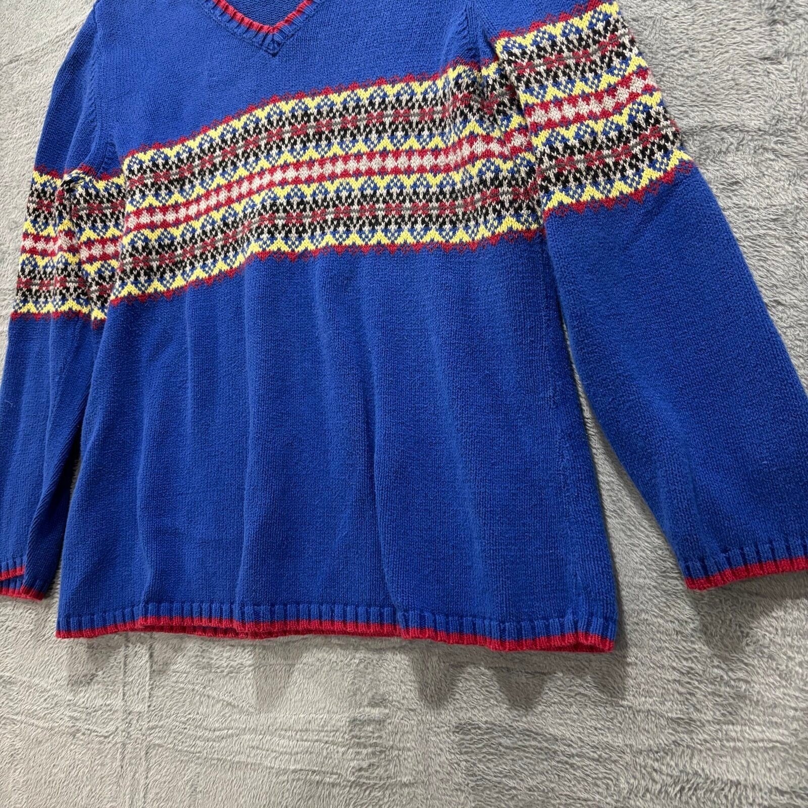 Casual Corner Annex Womens 1X Blue Fair Isle V-Neck Sweater Vintage Boho Cotton