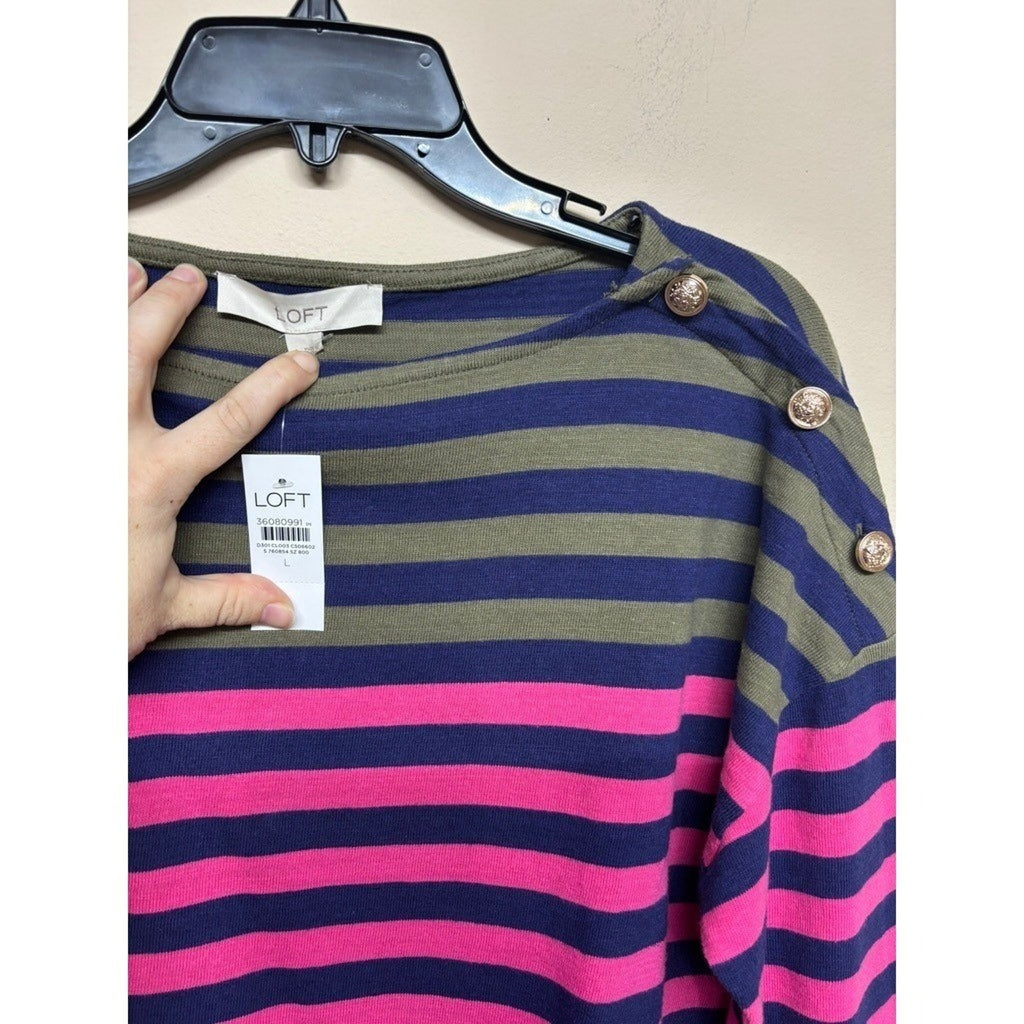 NWT LOFT Large Stripe Button Sweater Pink Navy Olive Long Sleeve Classic Coastal
