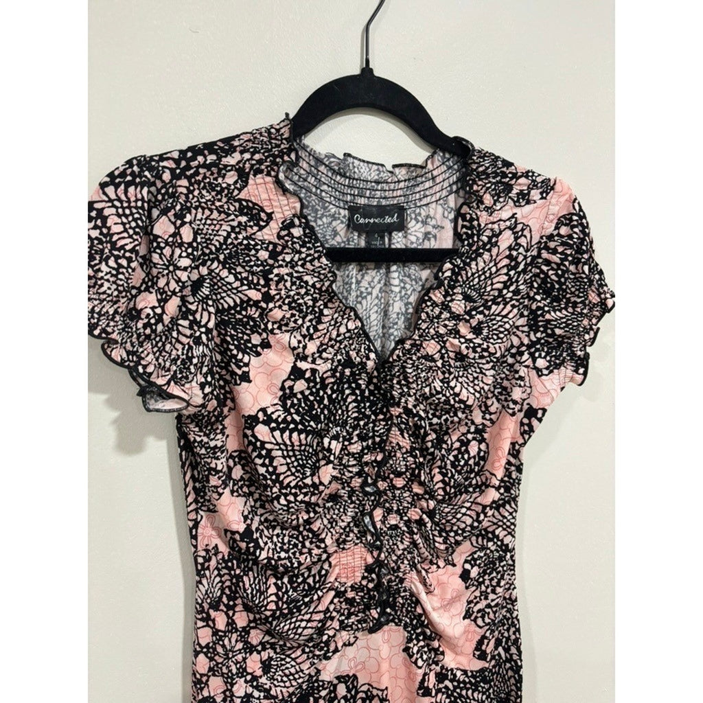 Connected Pink Black Lace Print Sheath Dress Ruched Stretch 4 Chic y2k Babydoll