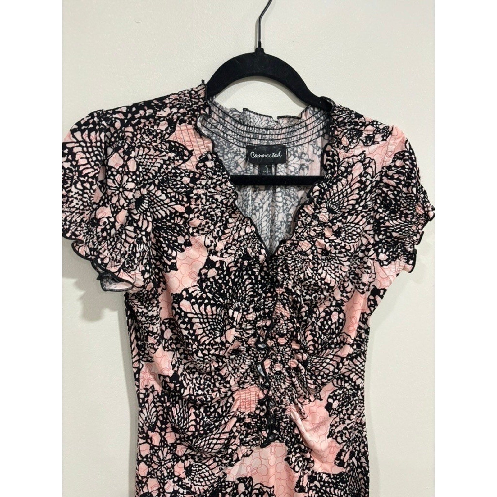 Connected Pink Black Lace Print Sheath Dress Ruched Stretch 4 Chic y2k Babydoll