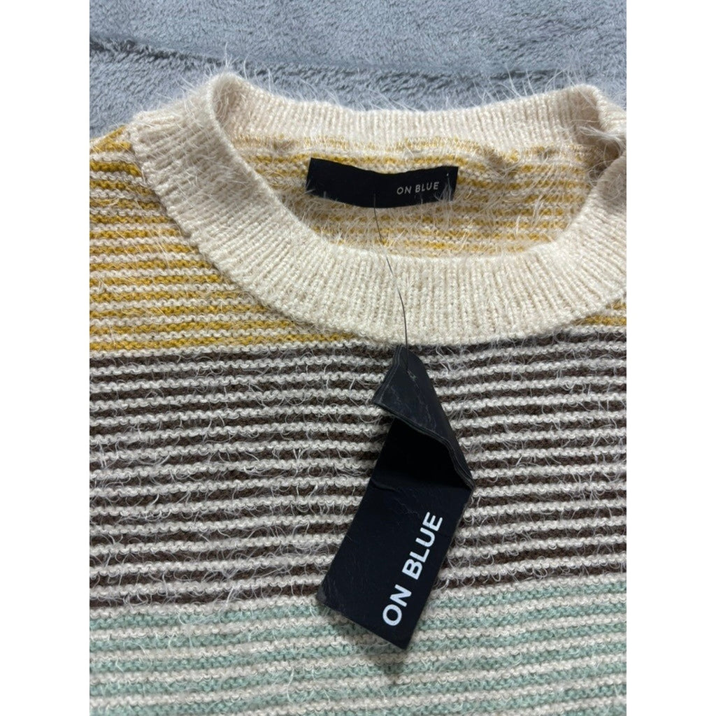On Blue Womens Striped Eyelash Knit Sweater Multicolor Crew Neck Large Cozy