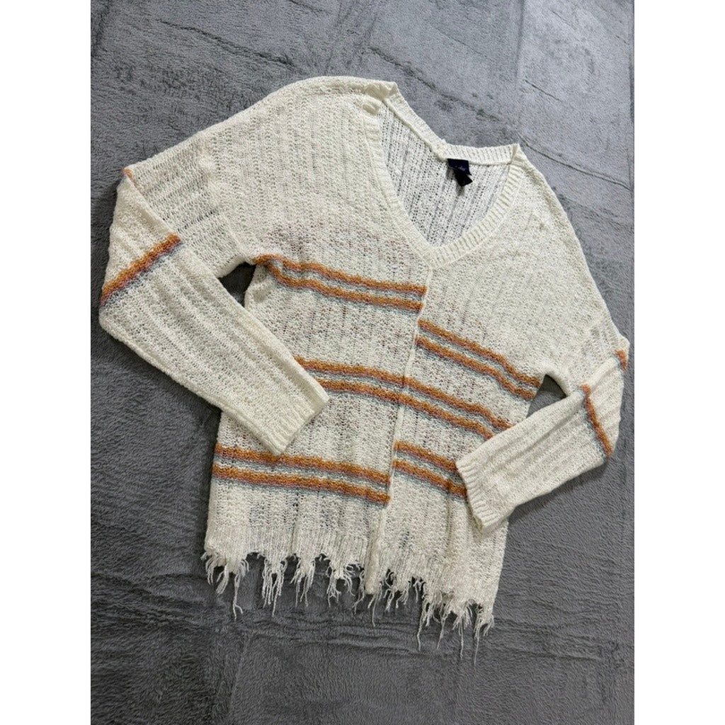 Daytrip Womens Striped V-Neck Open Knit Distressed Frayed Hem Sweater Cream L