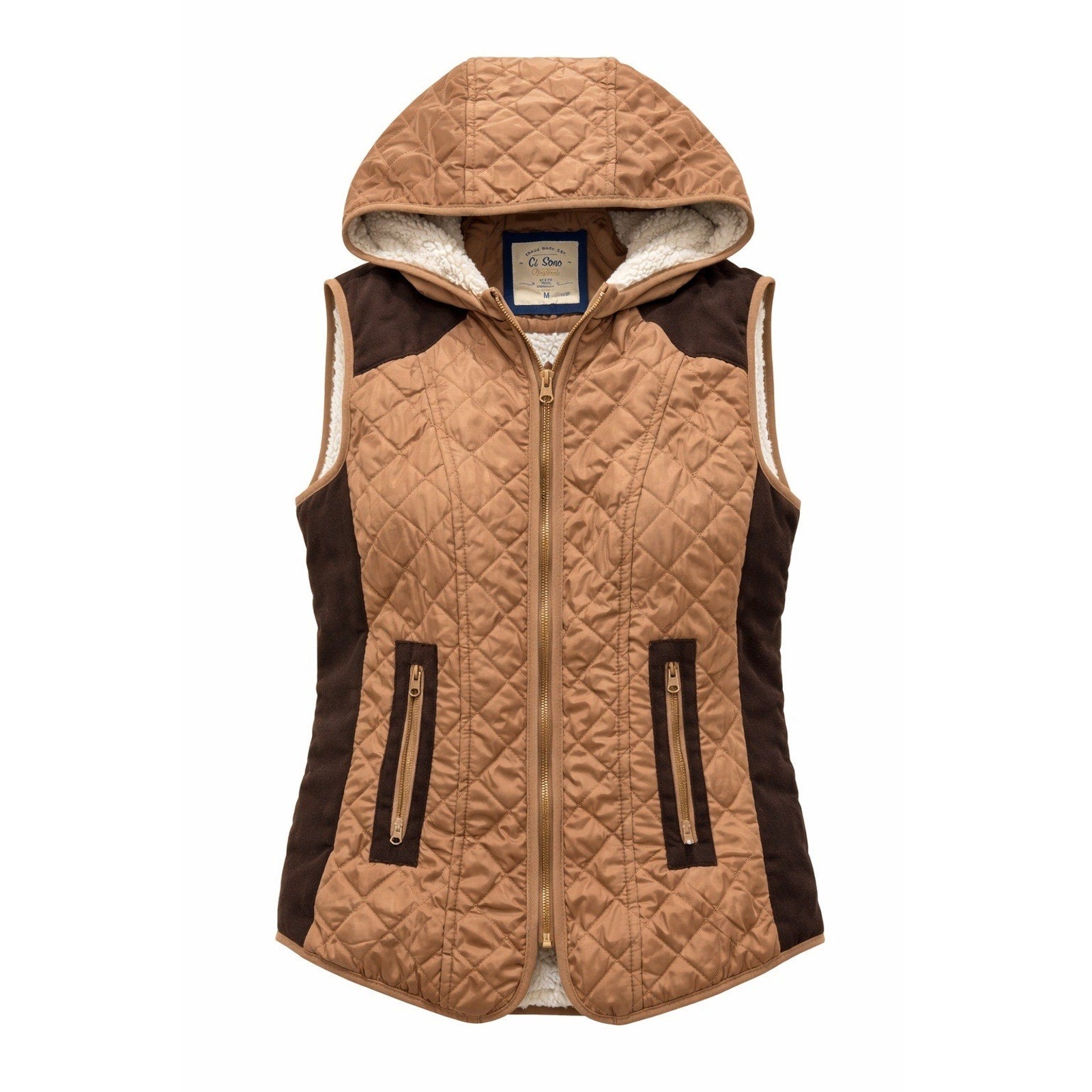 Ci Sono Quilted Vest Womens Medium Brown Hooded Sherpa Lined Zip