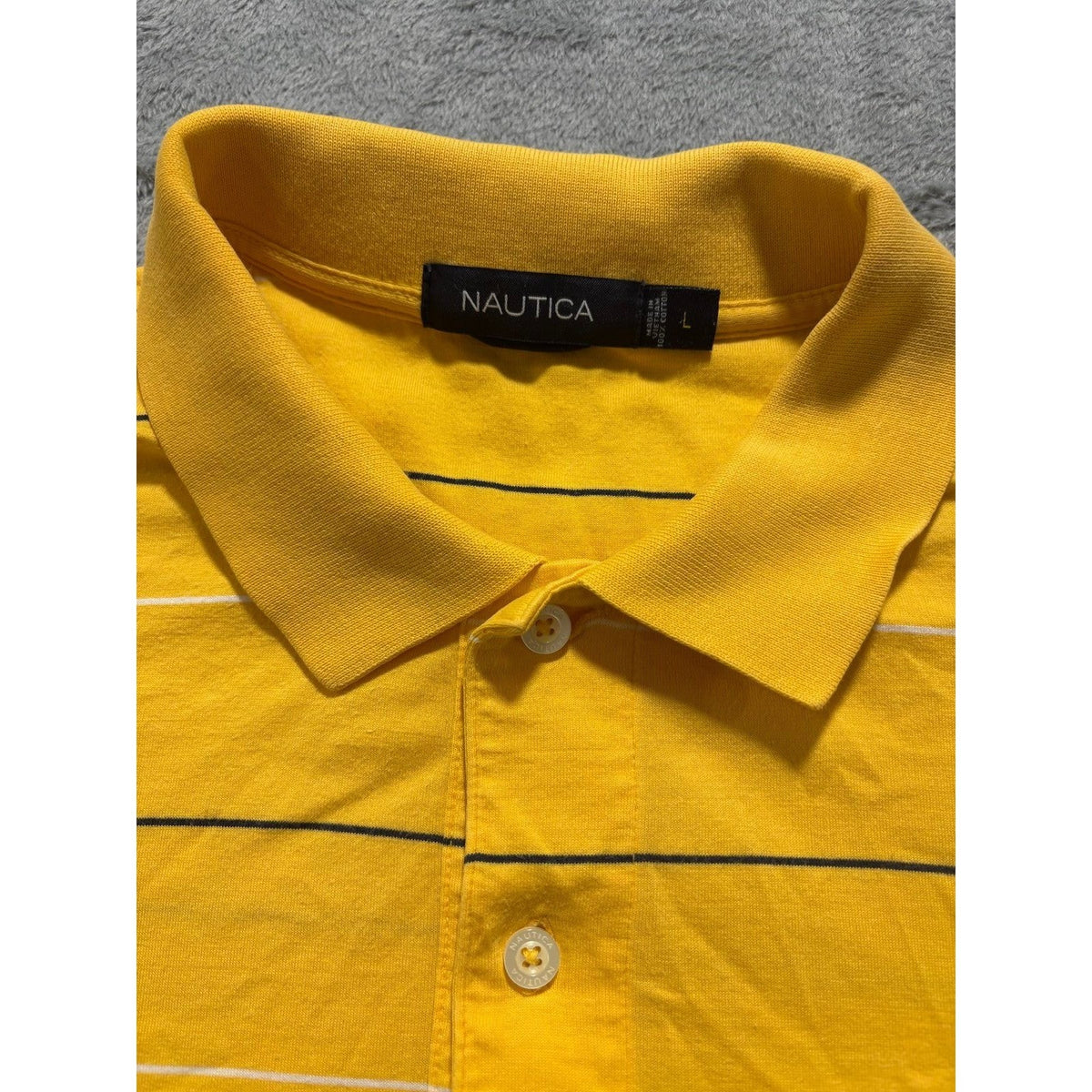 Nautica L Yellow Striped Short Sleeve Polo Shirt Mens Casual Preppy Vintage