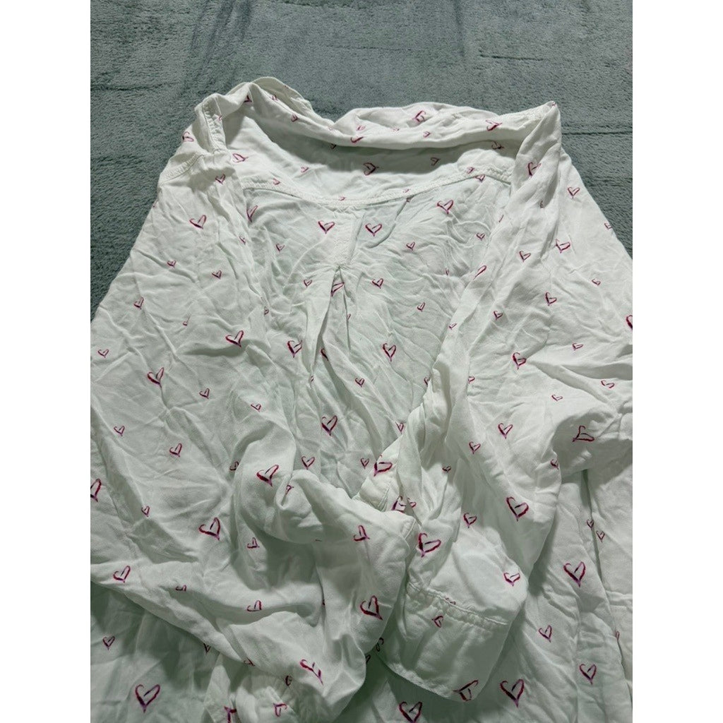 Velvet Heart Womens 3X White Pink Heart Print Roll Tab Sleeve Button Up Shirt