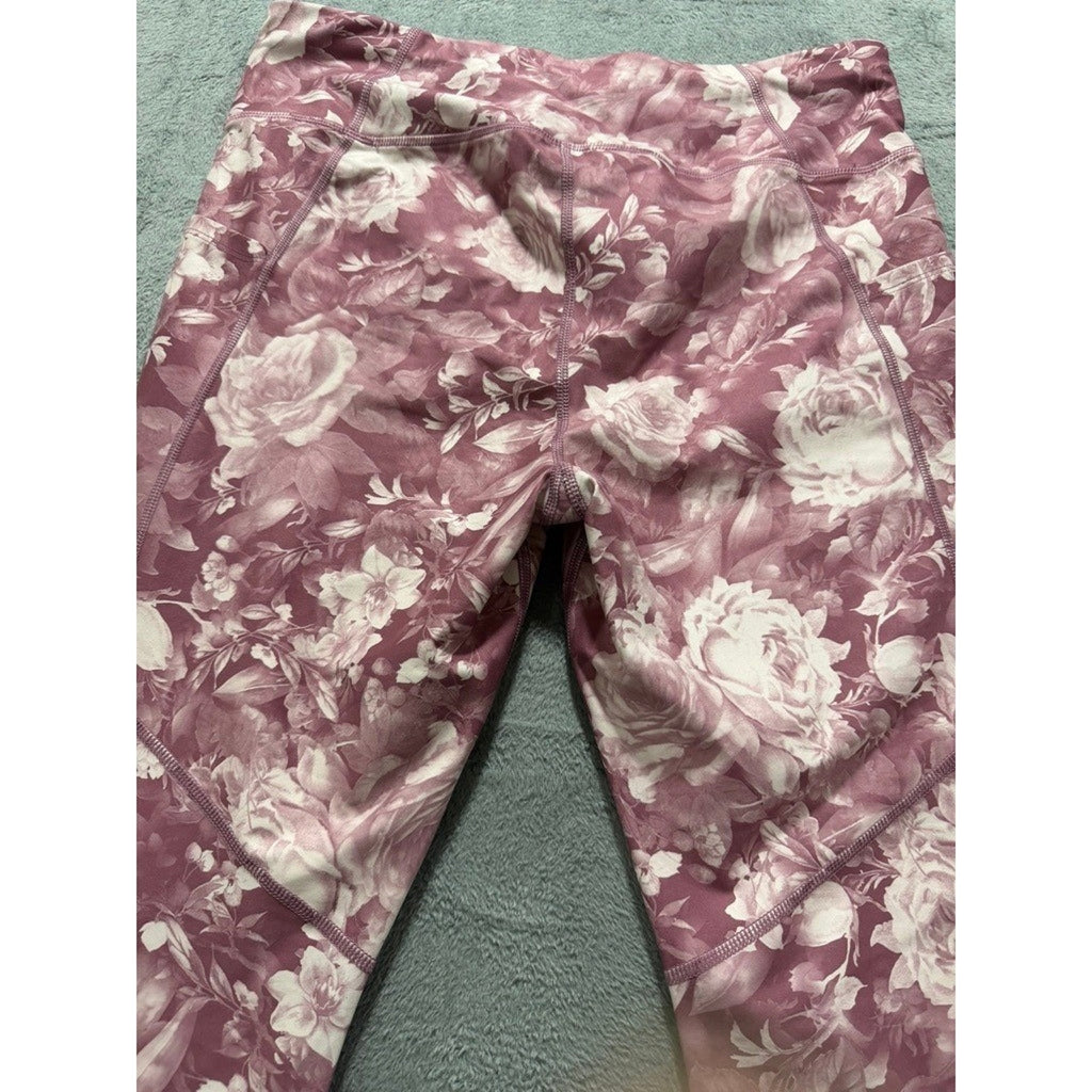 Athletic Works Womens XL Mauve Rose Floral High Waist Leggings Pockets Gym