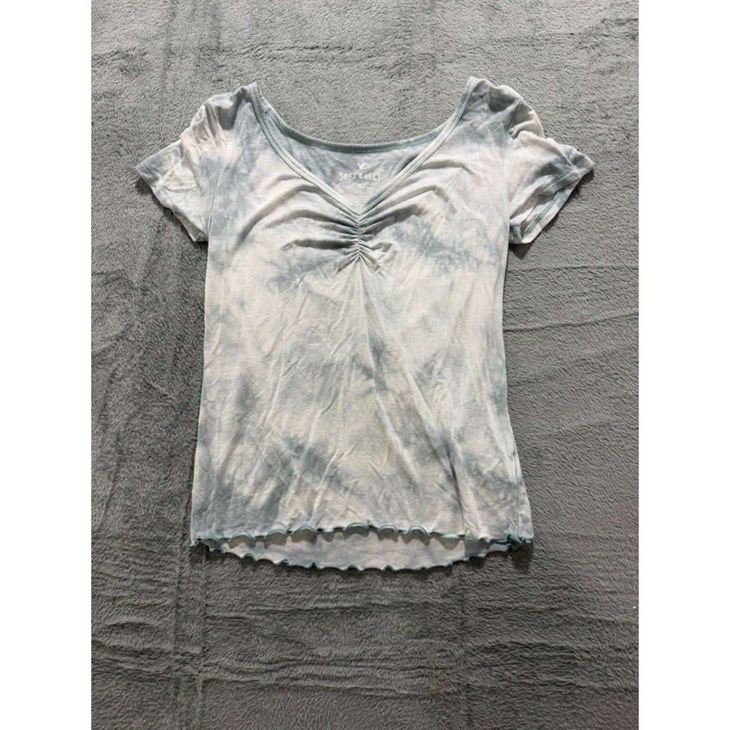 American Eagle Soft & Sexy Tie Dye Ruched V-Neck Lettuce Edge Baby Tee Blue S