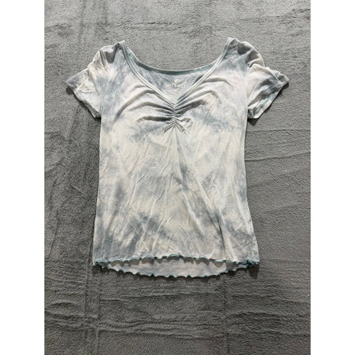 American Eagle Soft & Sexy Tie Dye Ruched V-Neck Lettuce Edge Baby Tee Blue S