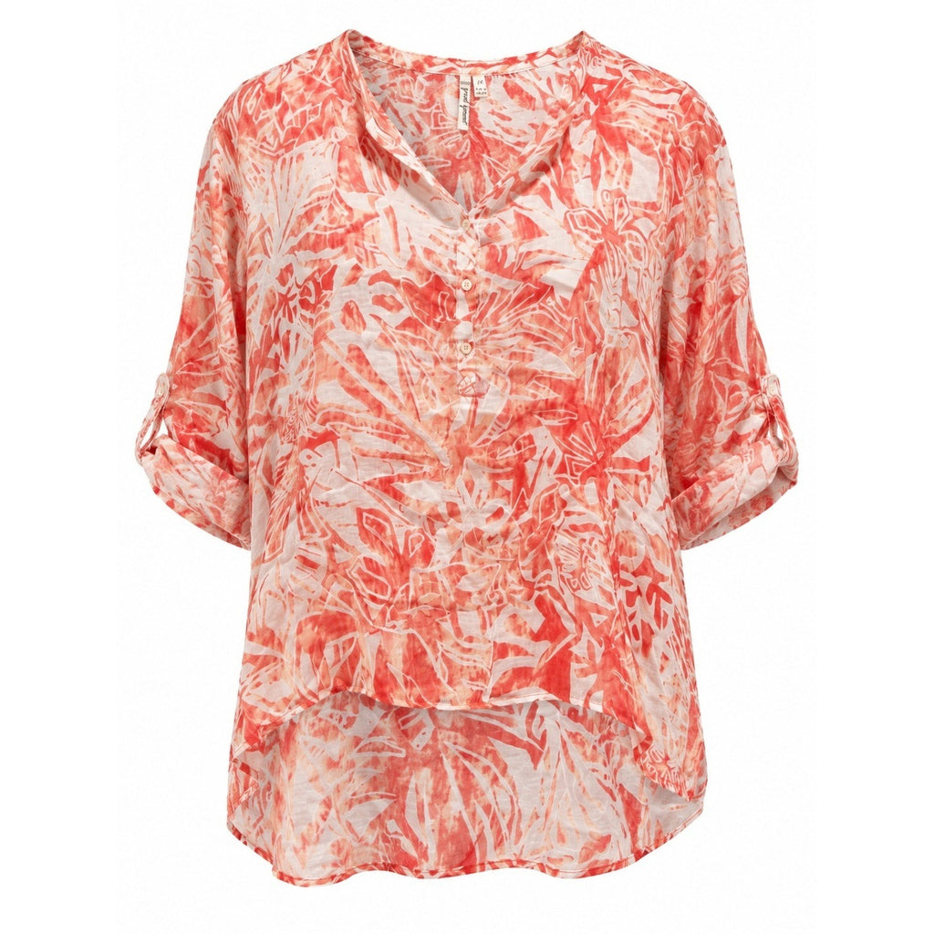Grand & Greene Womens 1X Tropical Floral Roll Tab Sleeve High Low Blouse Orange