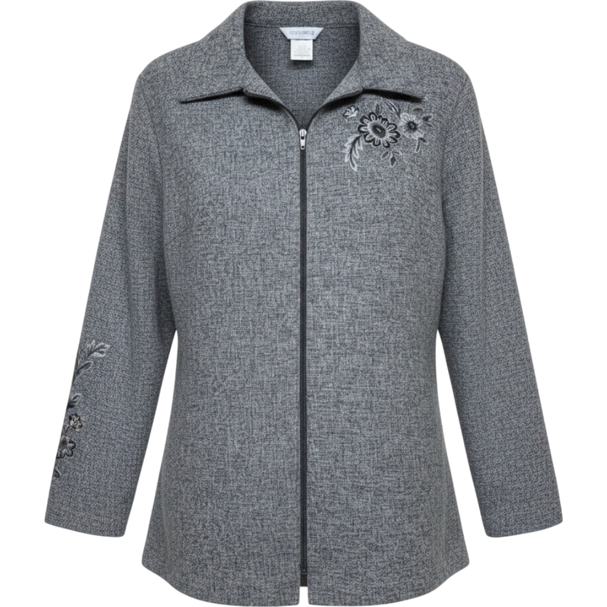 BonWorth Womens Medium Gray Zip Front Jacket Embroidered Floral Casual Office