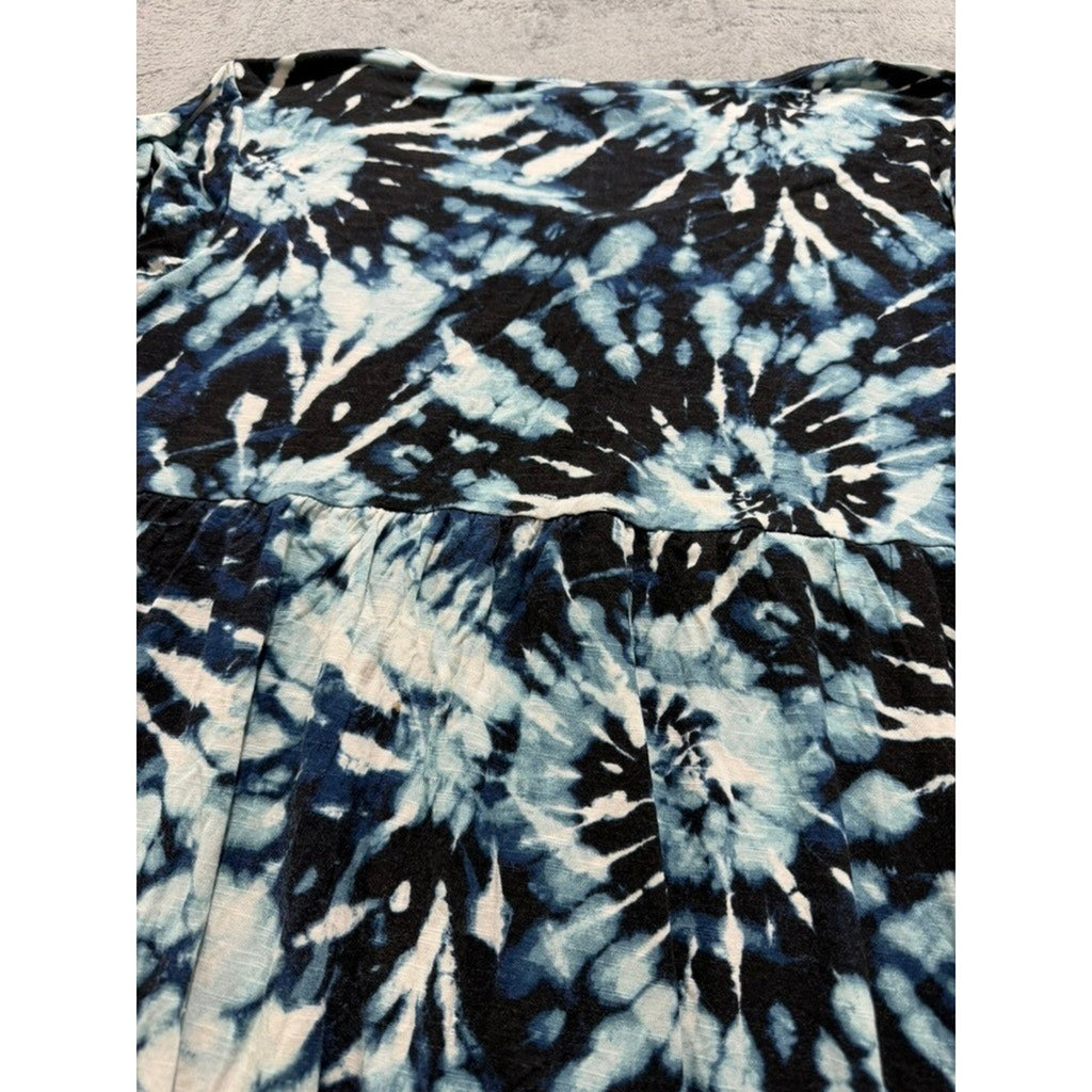 LuLaRoe Blue Black Tie Dye Button Front V-Neck Mini Dress Womens Large Festival