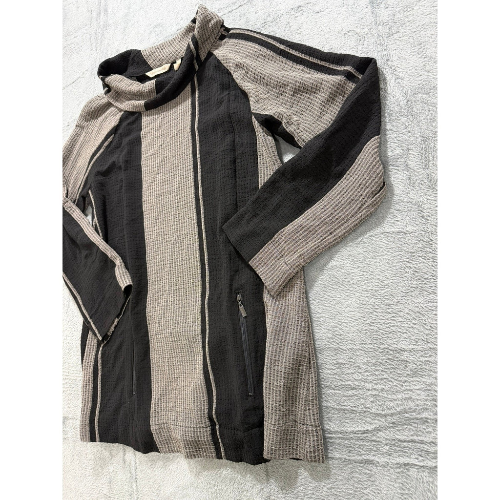 Soft Surroundings Womens Small Black Tan Striped Cowl Neck Tunic Zip Pockets
