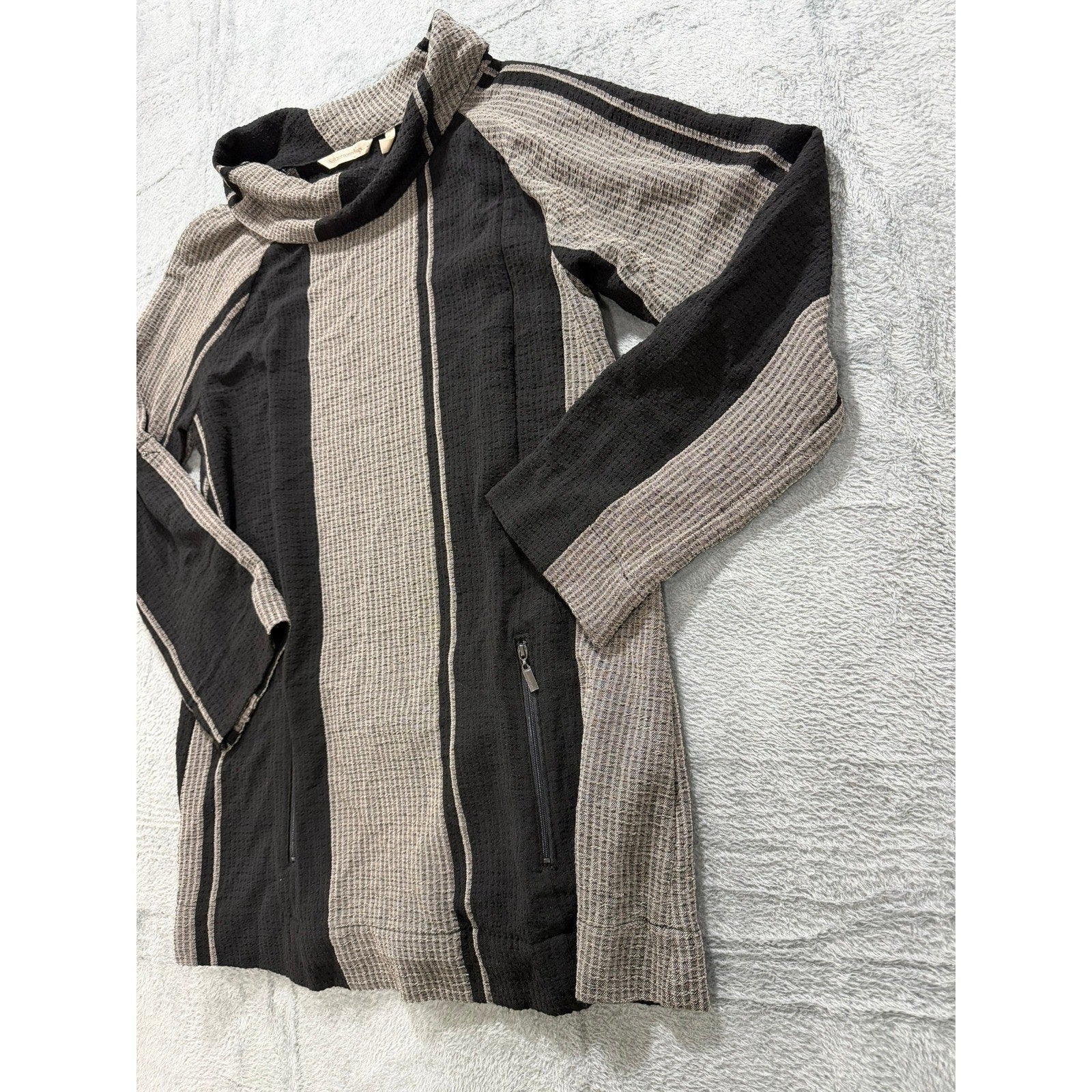 Soft Surroundings Womens Small Black Tan Striped Cowl Neck Tunic Zip Pockets