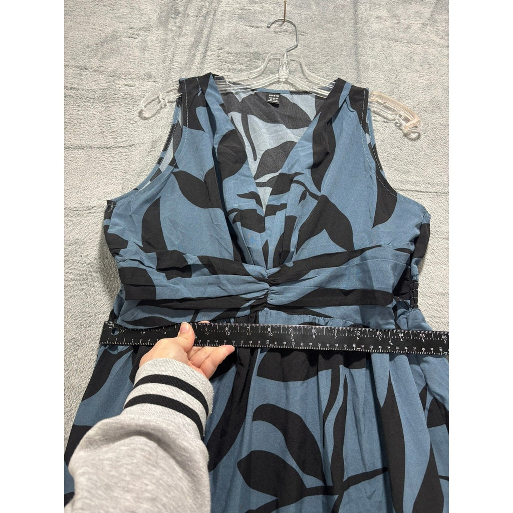 Blue Black Tropical Leaf Print Smocked Tiered Maxi Dress Women Medium Vacation