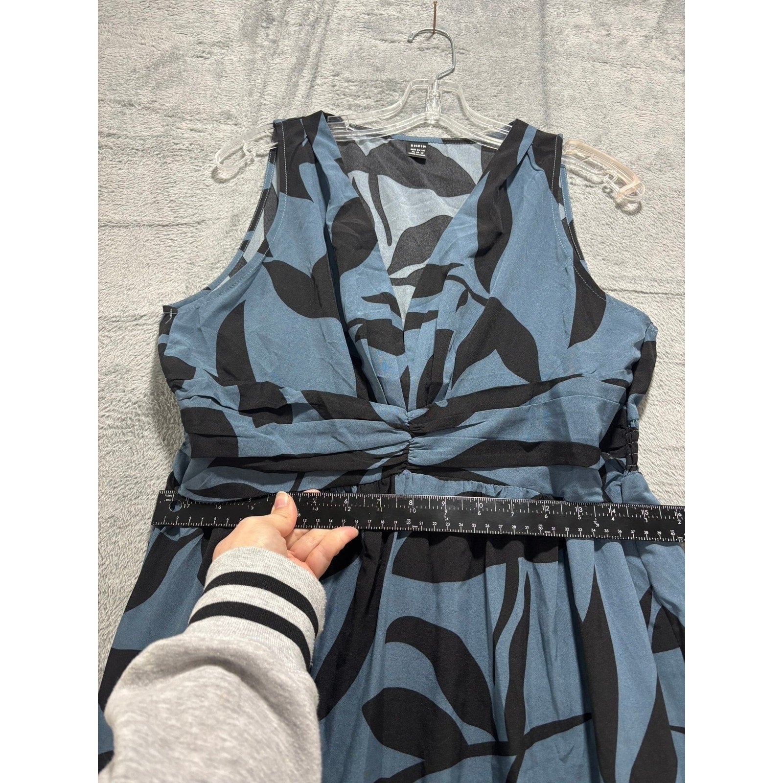 Blue Black Tropical Leaf Print Smocked Tiered Maxi Dress Women Medium Vacation