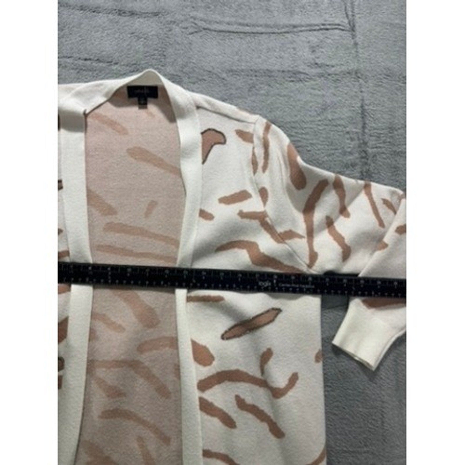 Ontwelfth Cardigan Womens Small Open Front Animal Print Cream Beige Knit