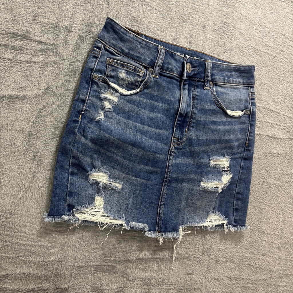 American Eagle 4 Blue Womens Distressed Denim Mini Skirt Raw Hem Casual Summer