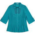 NY Collection Womens M Teal Lace Trim Button Front Blouse 3/4 Sleeve Workwear