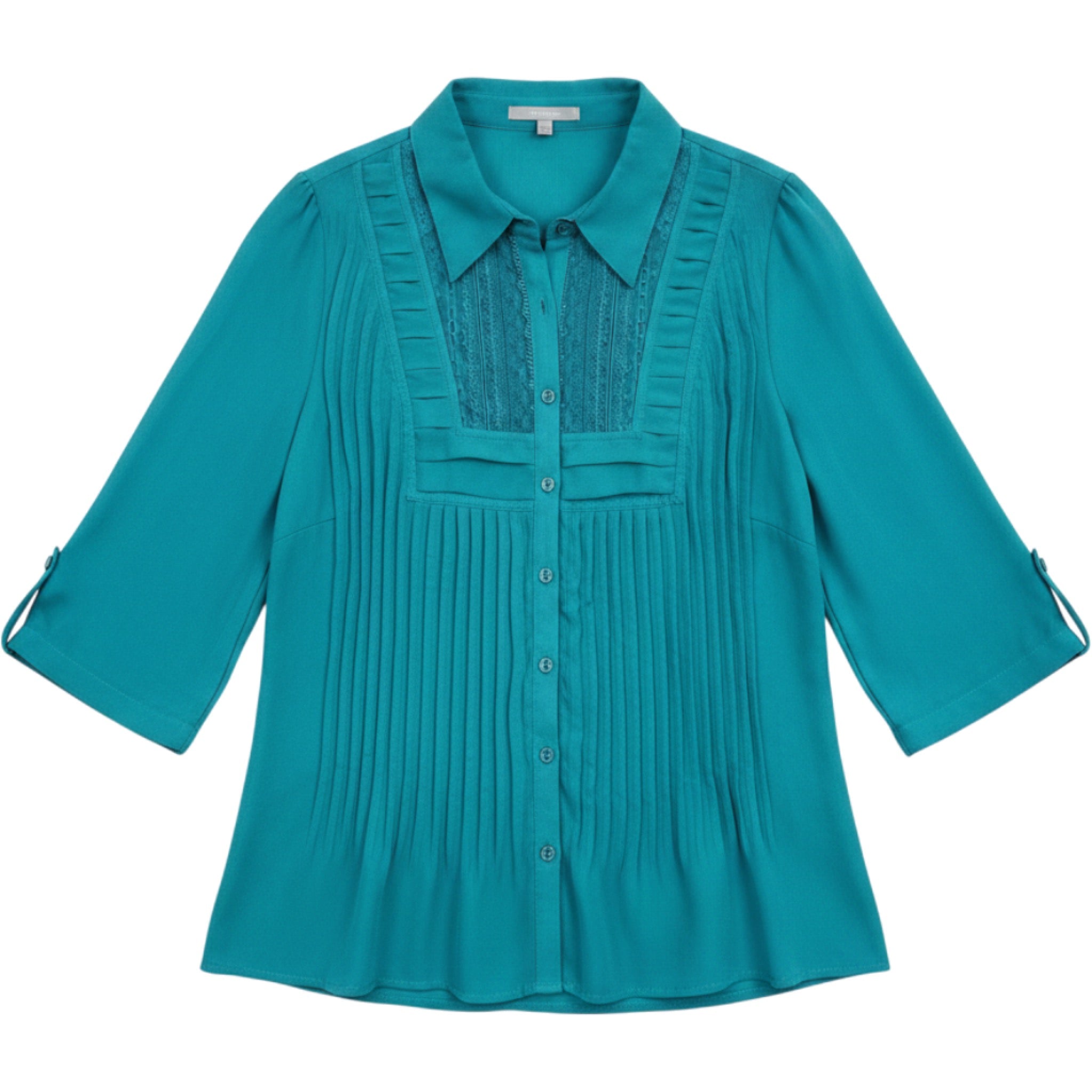 NY Collection Womens M Teal Lace Trim Button Front Blouse 3/4 Sleeve Workwear