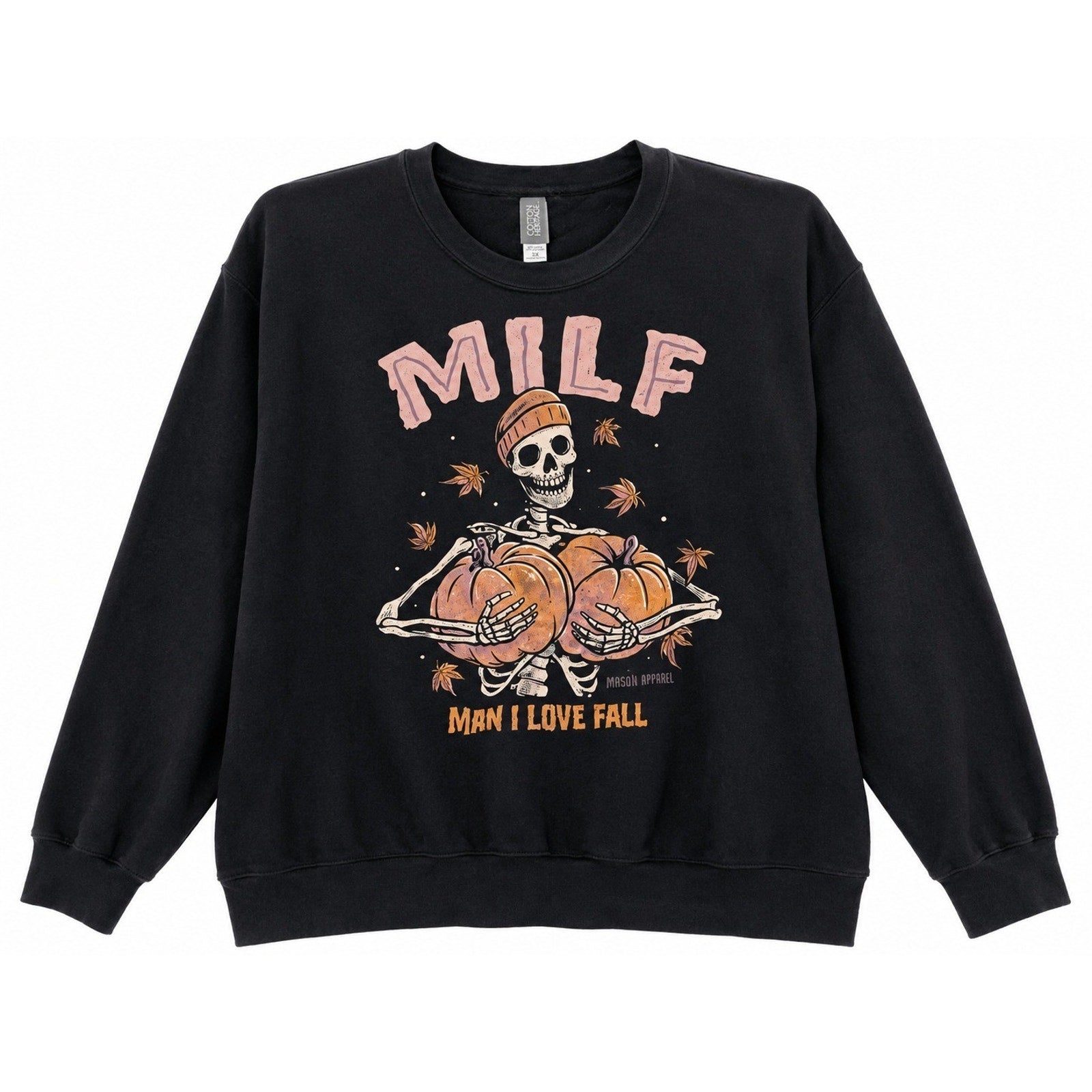 Cotton Heritage MILF Man I Love Fall Skeleton Pumpkin Sweatshirt Black 2XL