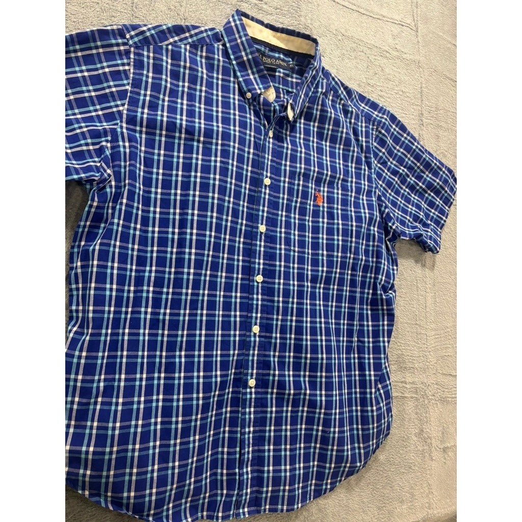 U.S. Polo Assn Shirt Mens XL Blue Plaid Short Sleeve Button Down Casual