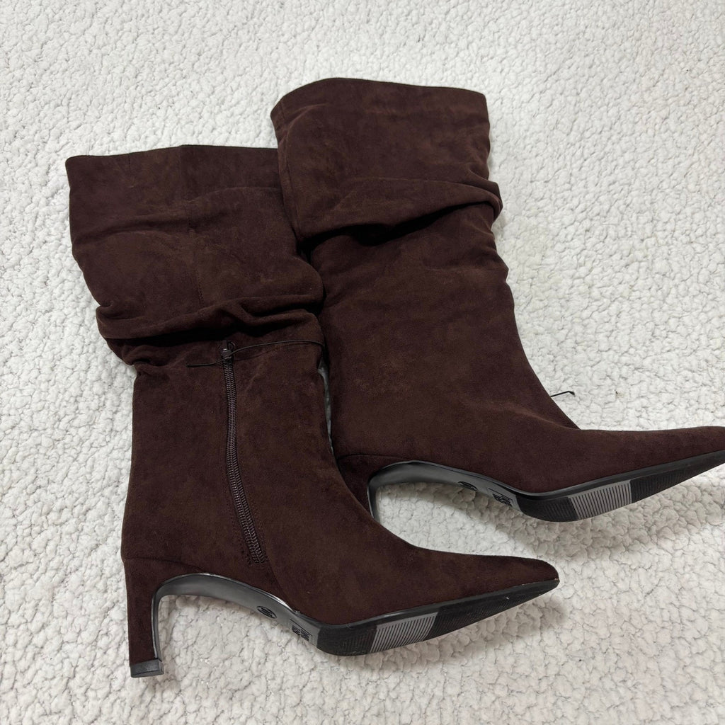 Time and Tru Womens 7 W Chocolate Brown Mid Slouch Boots Faux Suede Boho Western