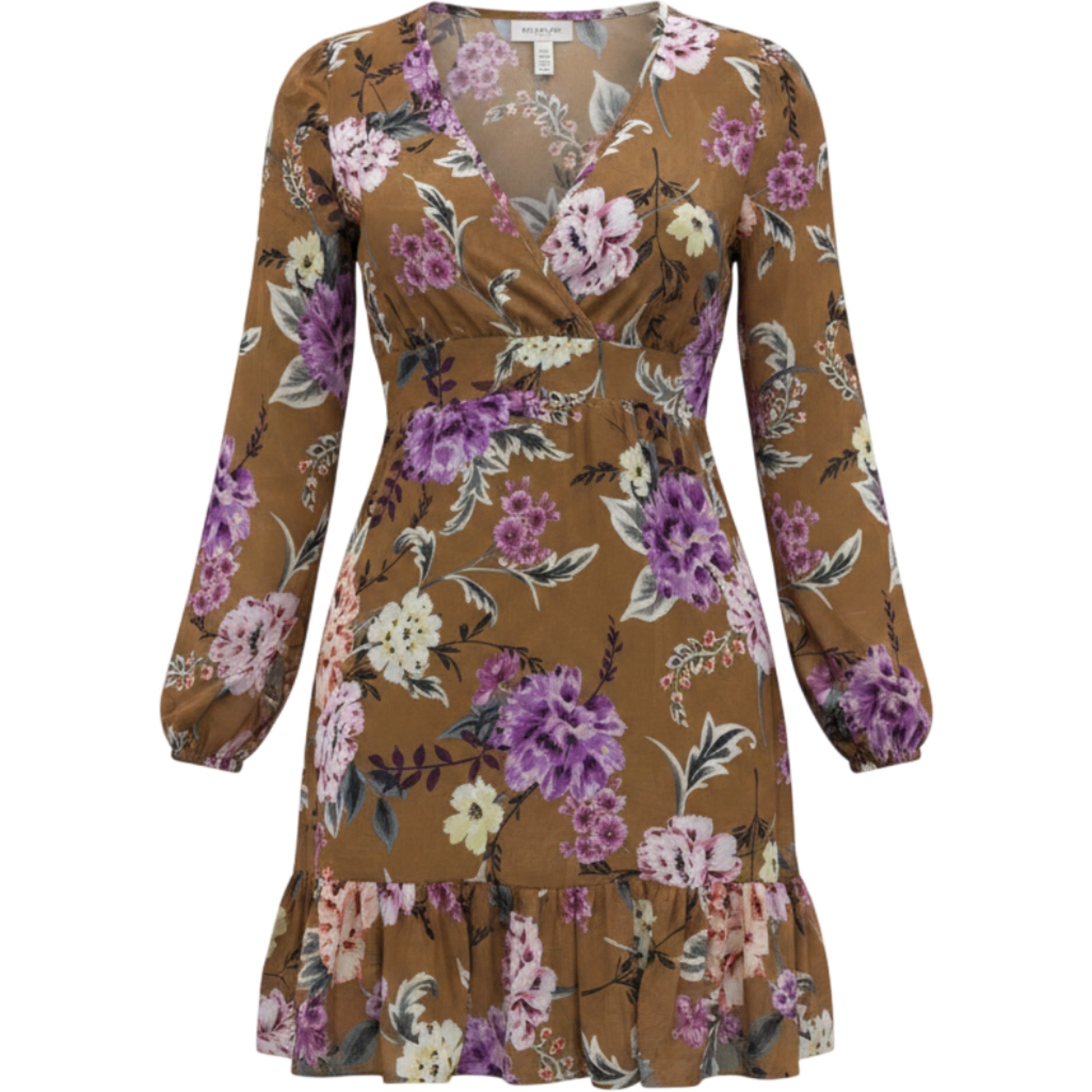 Angel Ribbons Floral Wrap Dress Brown Purple Ruffle Hem US 12 Feminine Modest